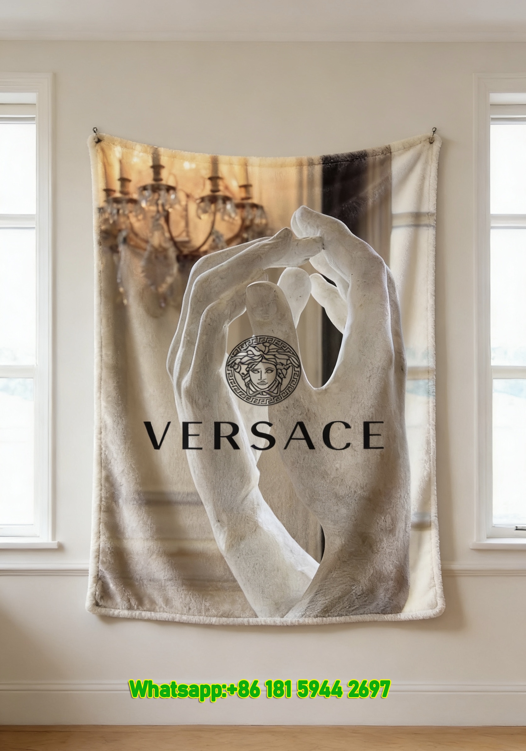 Versace Medusa Hand Sculpture Print Flannel Throw Blanket Luxury Beige Black and Gold Sofa Cover Blanket IMG_1525